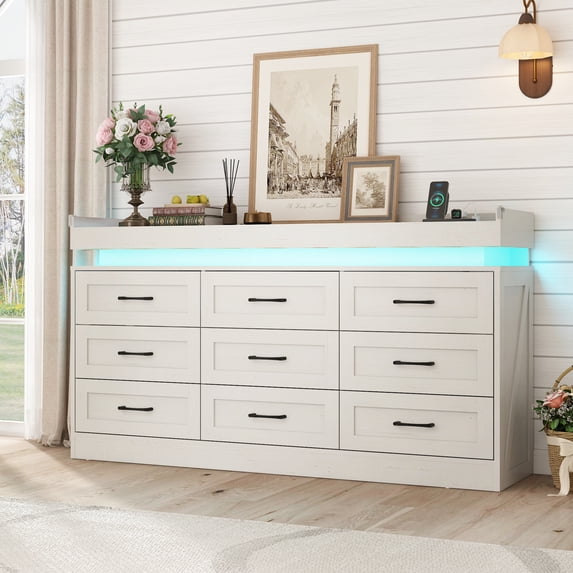 ChVans 9 Drawer Dresser with LED Light and Charging Station, Farmhouse Chest of Drawers for Closet, Wide Drawer Organizer Cabinet for Bedroom, Living Room