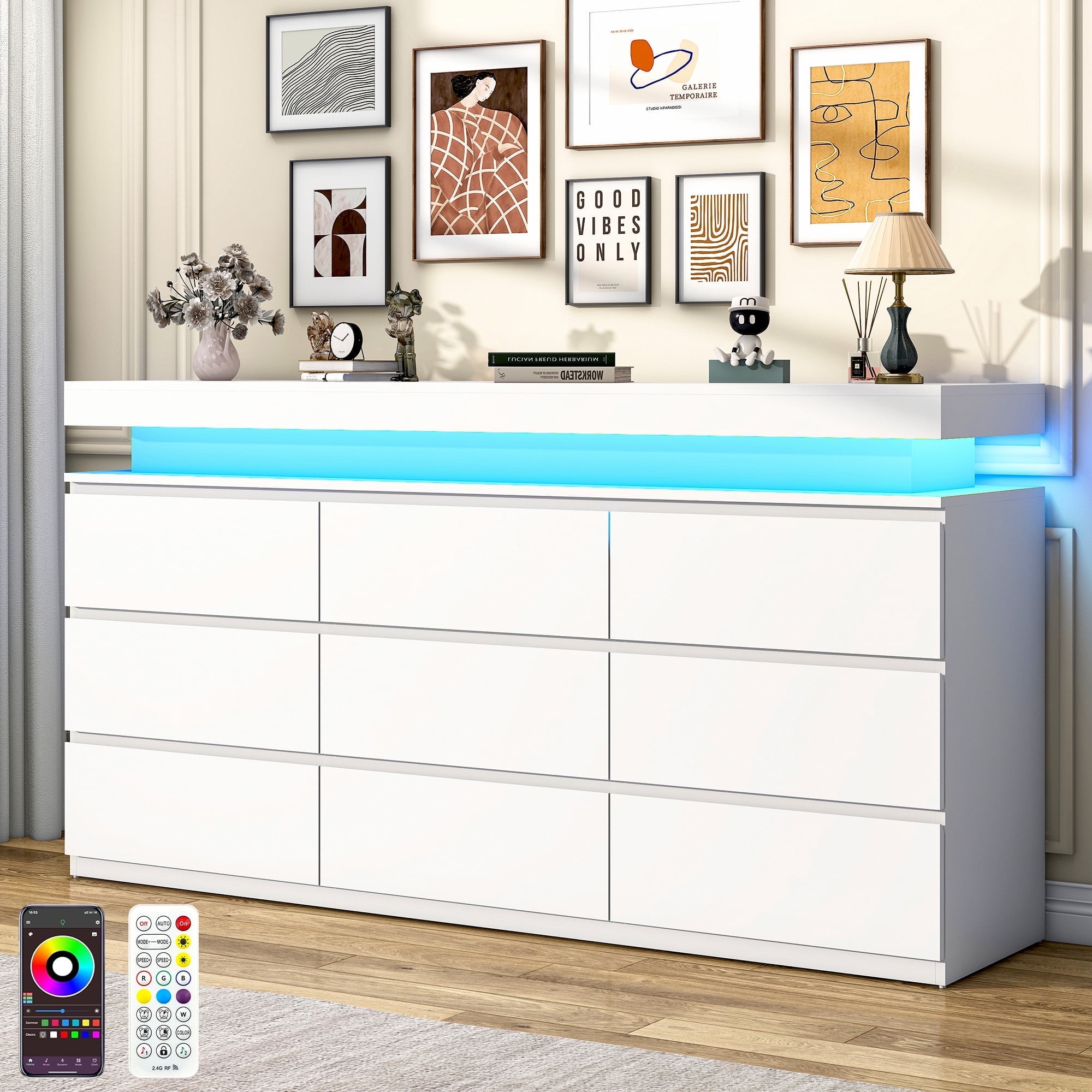 ChVans White 9 Drawer Dresser with LED Lights, 63" Wide Modern Wood Chest of Drawers with Charging Station & Handle Free, LED White Dresser for bedroom, Living Room, Entryway, Hallway