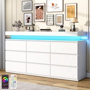 ChVans White 9 Drawer Dresser with LED Lights, 63" Wide Modern Wood Chest of Drawers with Charging Station & Handle Free, LED White Dresser for bedroom, Living Room, Entryway, Hallway