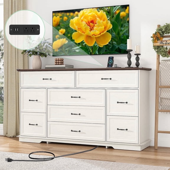 ChVans 9 Drawer Dresser with Power Outlets, 63" Wooden Dresser for Bedroom, Tall Rustic Farmhouse TV Stand with Storage for Bedroom Hallway