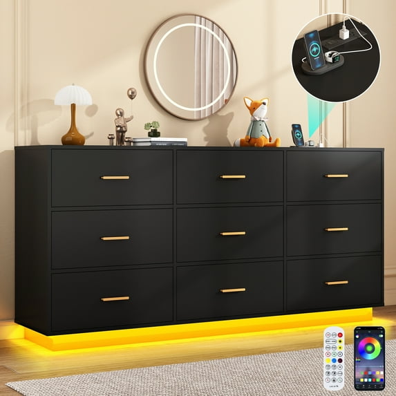 ChVans 9 Drawer Dressers with 60000-color LED Lights & Power Outlet, 63'' Long Modern Chest of Drawers for Closet, Wide Drawer Organizer Cabinet for Bedroom, Living Room, Entryway, Hallway