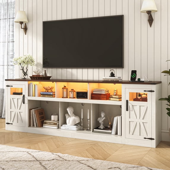 ChVans 95" Farmhouse TV Stand for 90/100"TV with LED Lights and Power Outlets, Large Entertainment Center with 2 Barn Doors Storage Cabinet & 6 Semi-Open Compartments for Living Room, White