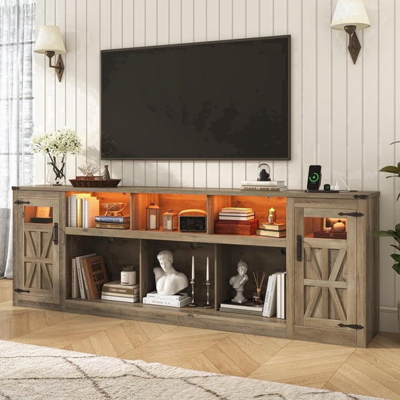ChVans 95" Farmhouse TV Stand for 90/100"TV with LED Lights & Power Outlets, Large Entertainment Center w/2 Barn Doors Storage Cabinet & 6 Semi-Open Compartments for Living Room, Grey