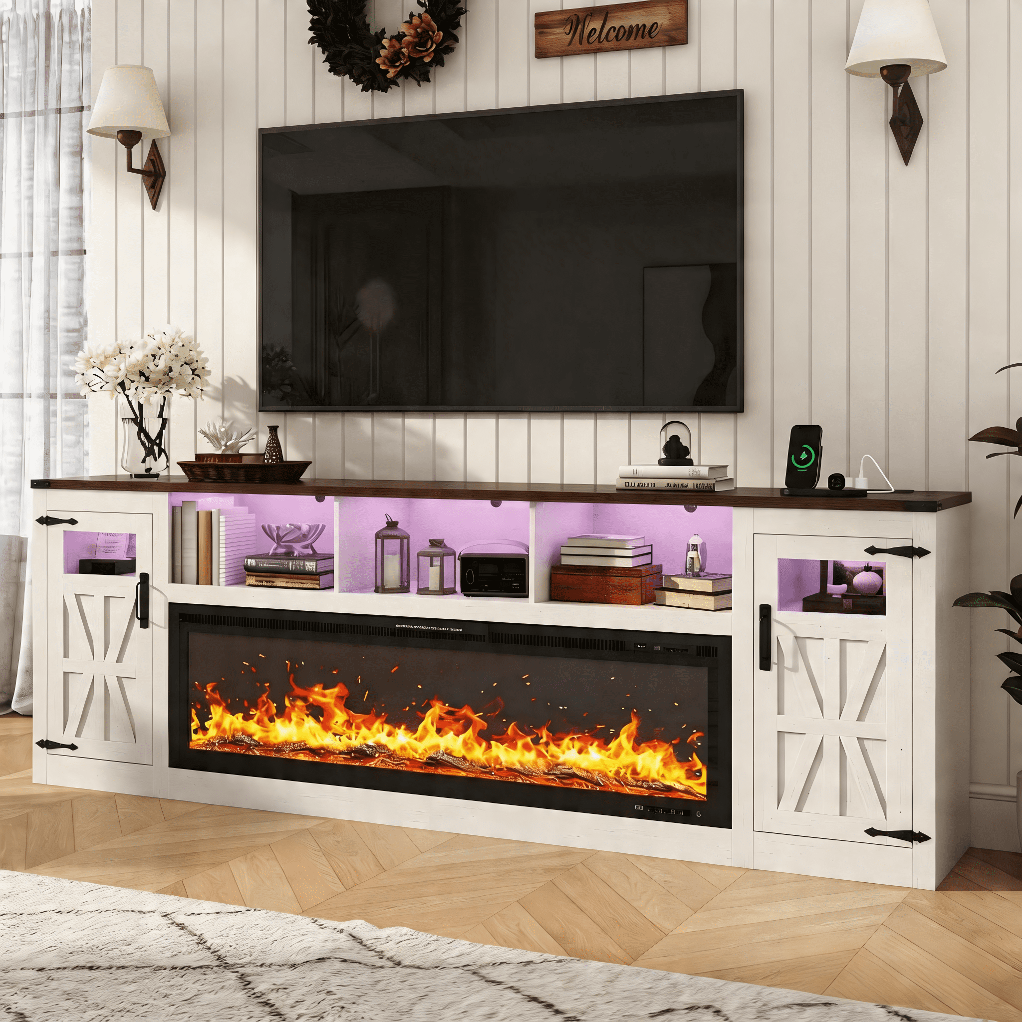 ChVans 95" Farmhouse Fireplace TV Stand for 90/100"TV with 60'' Electric Fireplace, LED Large Entertainment Center with Lights & Power Outlets & 2 Barn Doors Storage Cabinet for Living Room, White