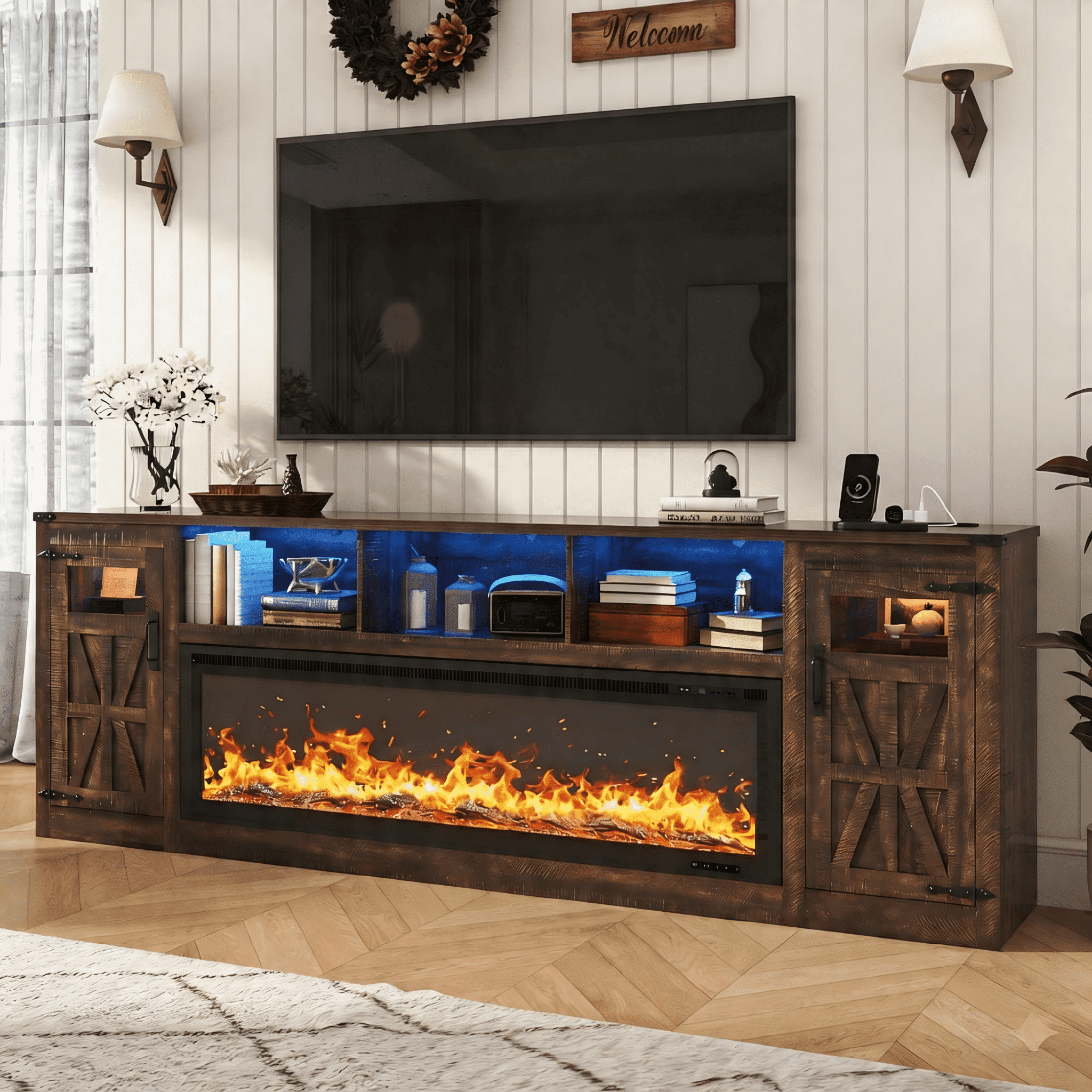 ChVans 95" Farmhouse Fireplace TV Stand for 90/100"TV with 60'' Electric Fireplace, LED Large Entertainment Center with Lights & Power Outlets & 2 Barn Doors Storage Cabinet for Living Room, Brown