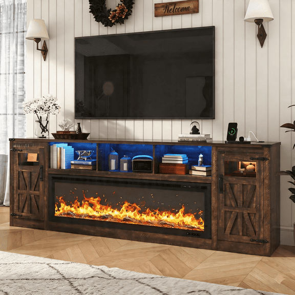 ChVans 95" Farmhouse Fireplace TV Stand for 90/100"TV with 60'' Electric Fireplace, LED Large Entertainment Center with Lights & Power Outlets & 2 Barn Doors Storage Cabinet for Living Room, Brown