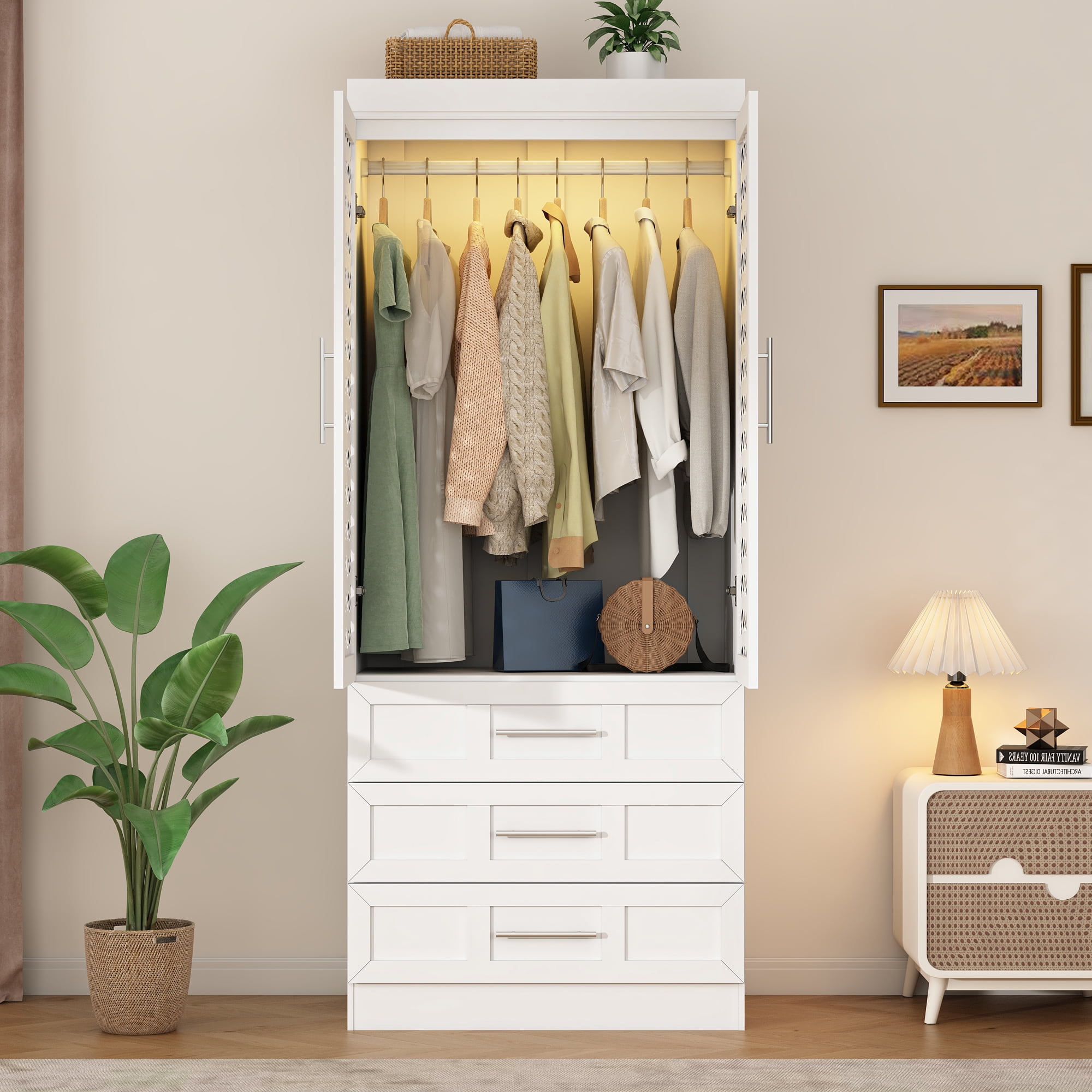 ChVans Armoire Wardrobe Closet with 2 Woven Doors & Sensor Light, 75.6 ...