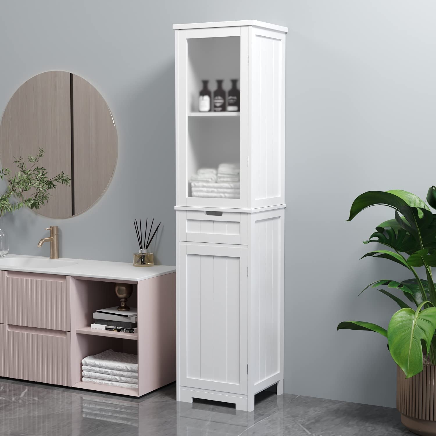 Costway Bathroom Tall Storage Cabinet Freestanding Linen Tower w/ Open ...