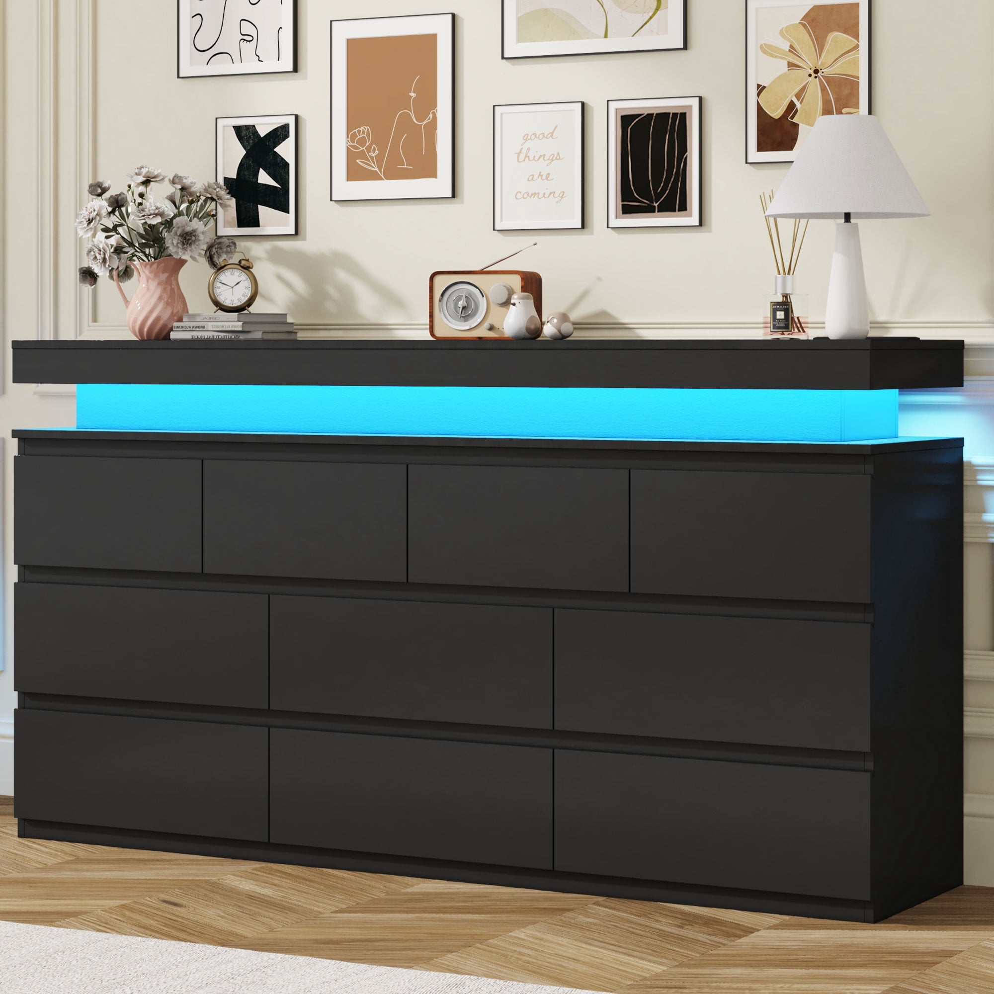 ChVans Black 10 Drawer Dresser with LED Lights, 63" Wide Modern Wood Chest of Drawers with Charging Station & Handle Free, LED Black Dresser for bedroom, Living Room, Entryway, Hallway