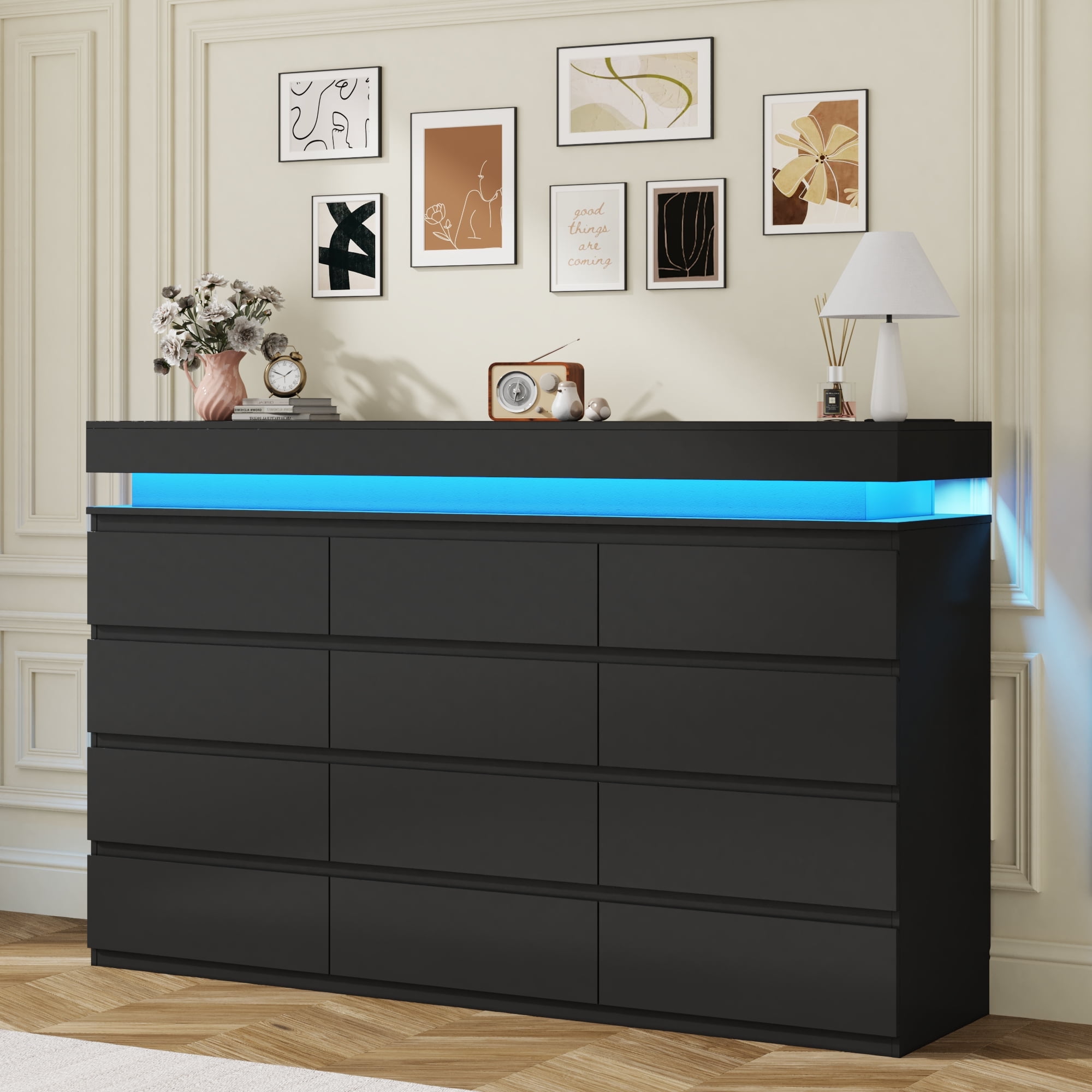 ChVans Black 12 Drawer Dresser with LED Lights, 70
