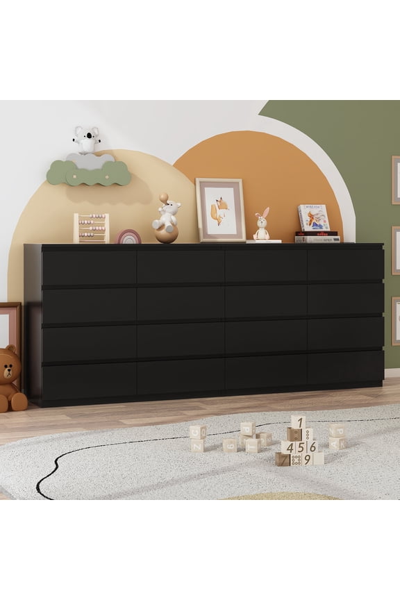 Black 16 Drawer Dresser with Charging Station, 87" Oversized Modern Wood Chest of Drawers Handle Free, 35.4" Tall Malm Dresser for Bedroom, Living Room, Entryway, Hallway, Black