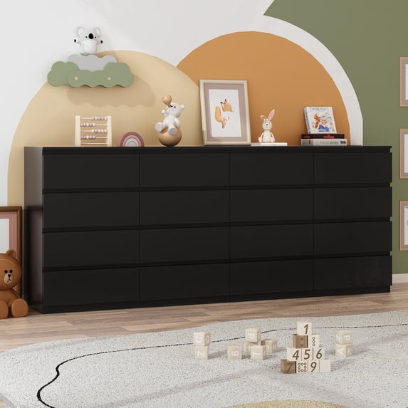 ChVans Black 16 Drawer Dresser with Charging Station, 87" Oversized Modern Wood Chest of Drawers Handle Free, 35.4" Tall Malm Dresser for Bedroom, Living Room, Entryway, Hallway, Black