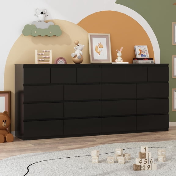 ChVans Black 18 Drawer Dresser with Charging Station, 79" Oversized Modern Wood Chest of Drawers Handle Free, 35.4" Tall Malm Dresser for Bedroom, Living Room, Entryway, Hallway, Black