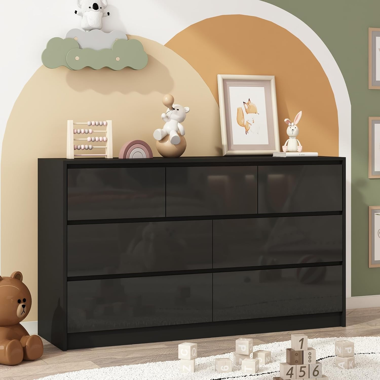 ChVans 7 Drawer Black Dresser for Bedroom 55 Modern High Gloss Dresser with 7 Drawers Large Wood Chest of Drawer Handle Free Long Dresser for Kids