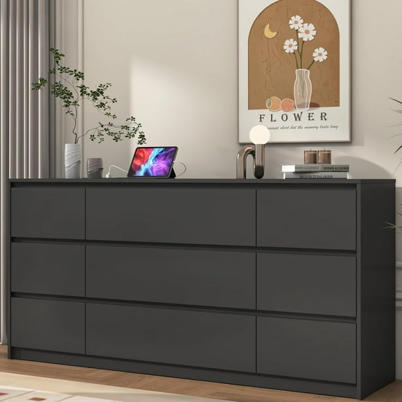 ChVans Black 9 Drawers Dresser with Charging Station, 63" Long Modern Dresser with 9 Drawers for Bedroom, Large Wood Chest of Drawers Handle Free, Dresser for Bedroom, Living Room, Hallway