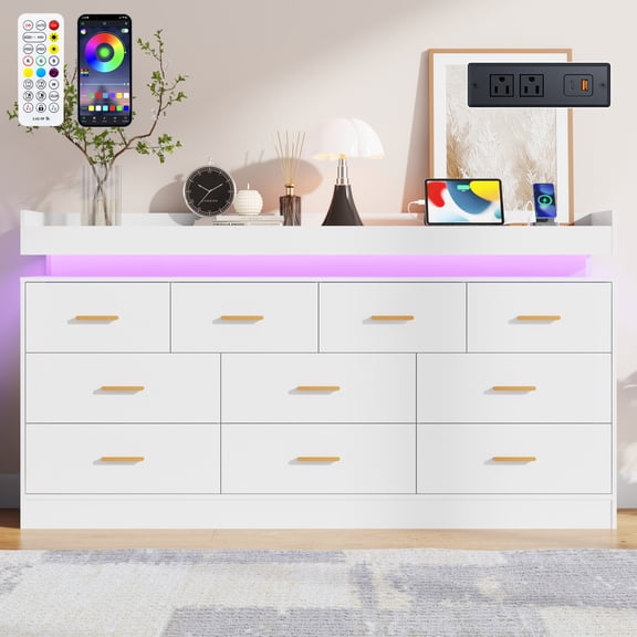ChVans Black Dresser with Charging Station and LED Lights, Modern Chest of Drawers for Closet, 10 drawer dresser for Bedroom, Living Room, Entryway, Hallway