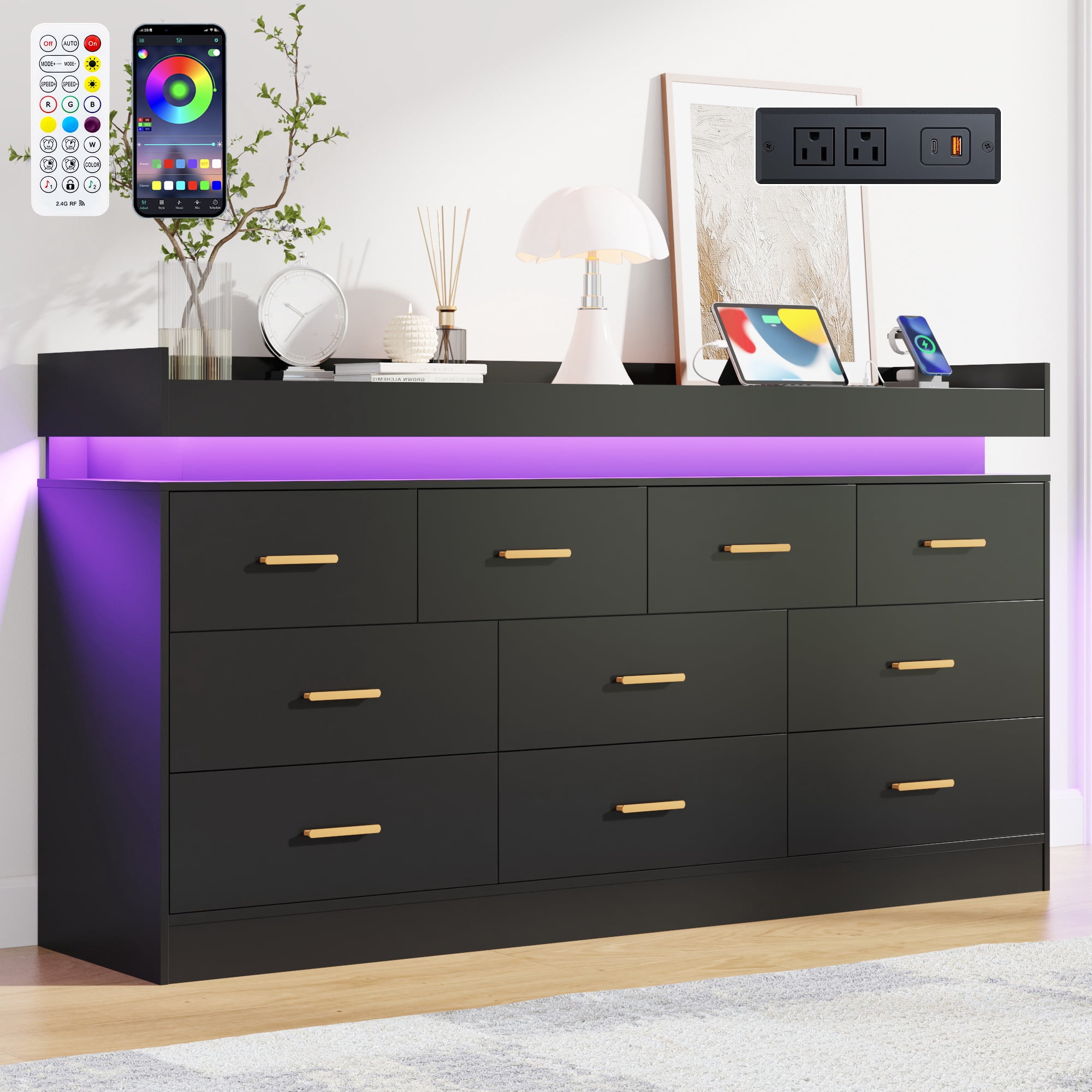 ChVans Black Dresser with Charging Station and LED Lights, Modern Chest of Drawers for Closet, 10 drawer dresser for Bedroom, Living Room, Entryway, Hallway