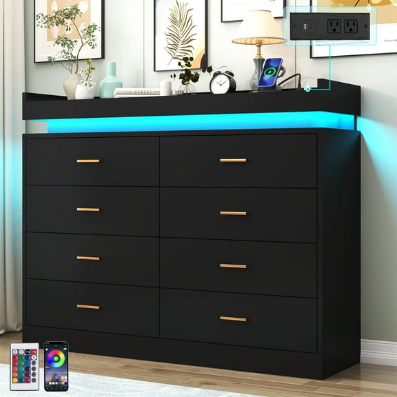 ChVans Black Dresser with Charging Station and LED Lights, Modern Chest of Drawers for Closet, 8 drawer dresser for Bedroom, Living Room, Entryway, Hallway