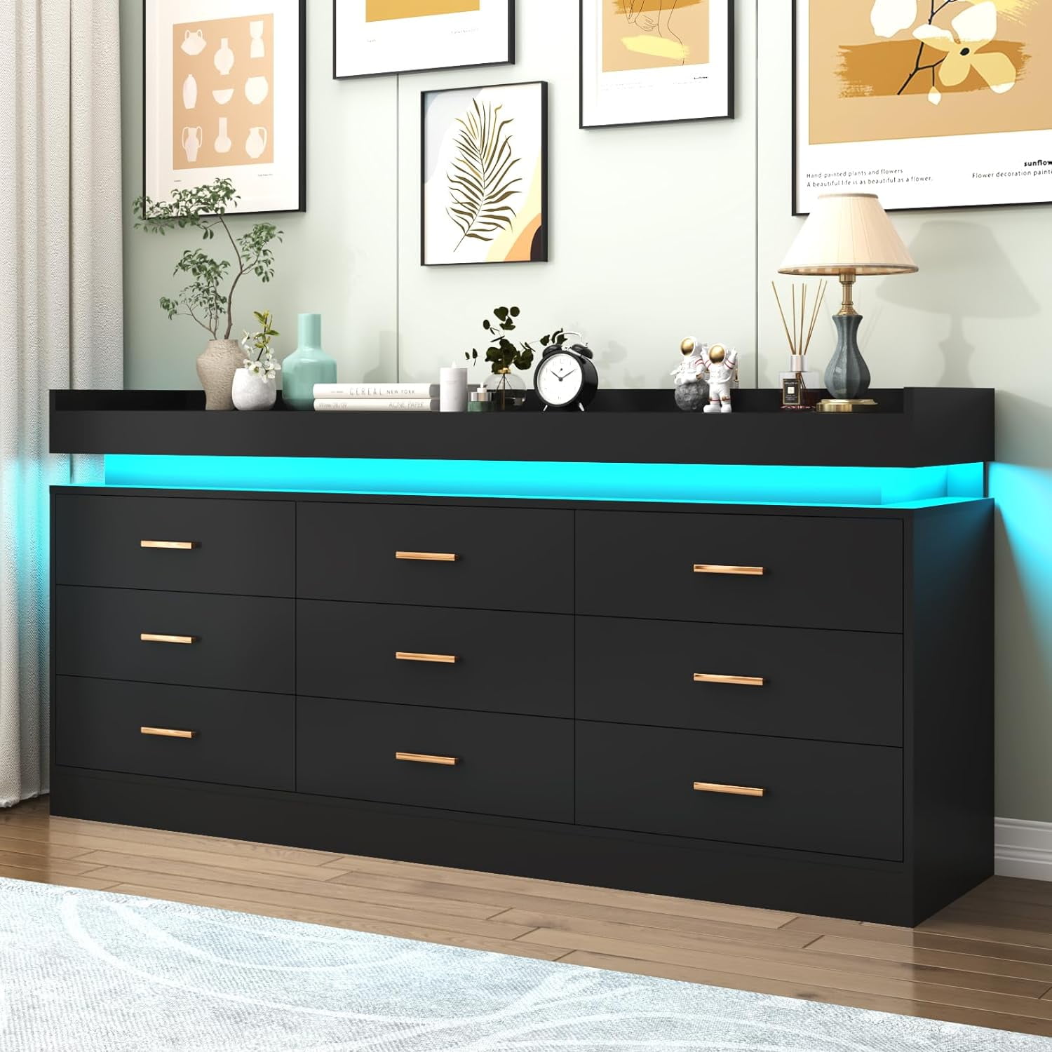 Vans Solid Wood 9Drawer Dresser with LED Light, Black, for Bedroom