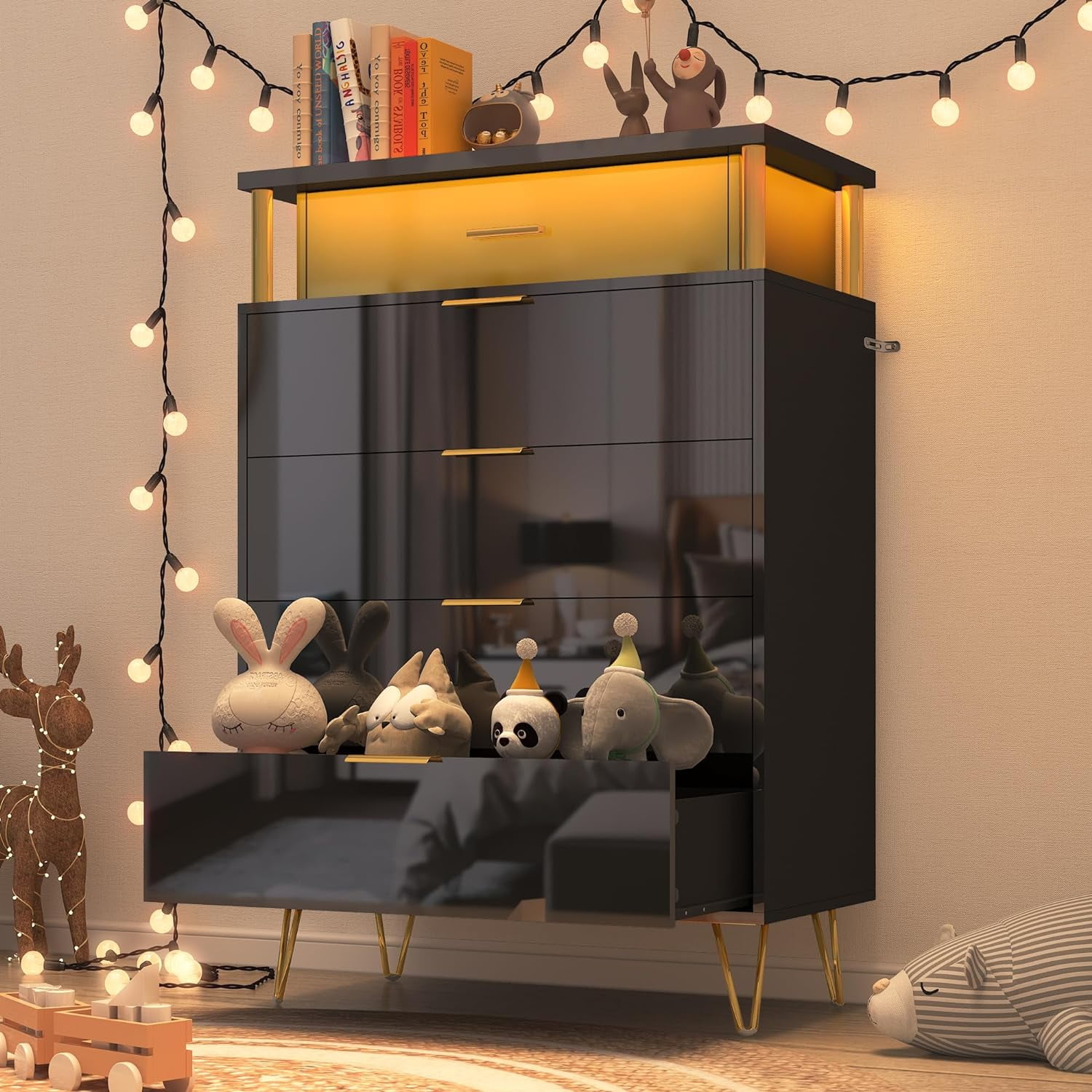 ChVans Black Dresser with LED Lights for Bedroom, Black Tall Closet