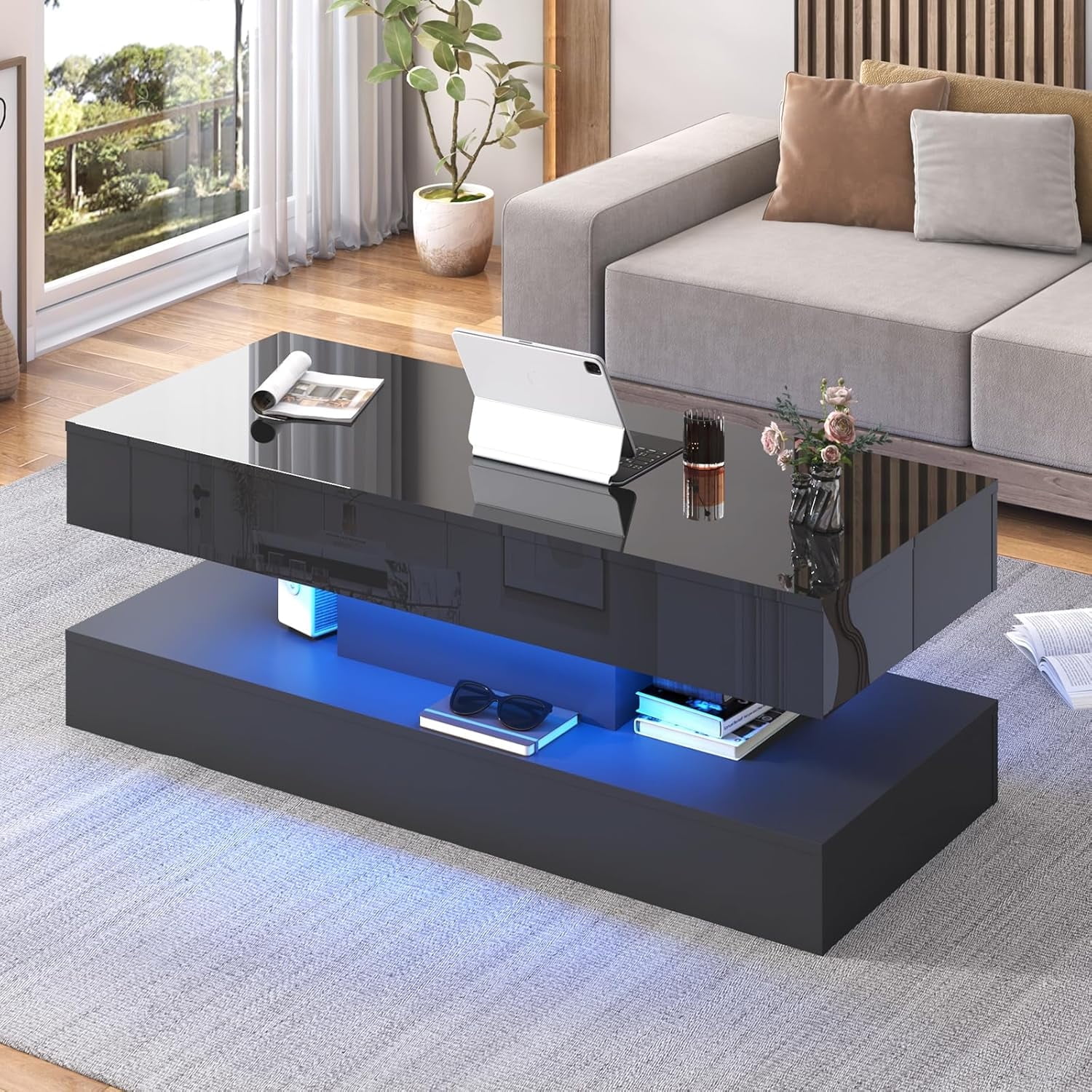 Black coffee table led lights discount