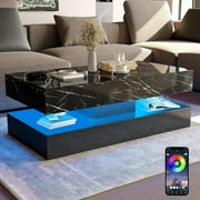 ChVans Black LED Coffee Table with 2 Storage Drawers, Modern High Gloss Coffee Table w/20 Colors LED Lights/APP Control, 2 Tiers Rectangle Large Living Room Furniture w/Marbling Print(47.3"Black)
