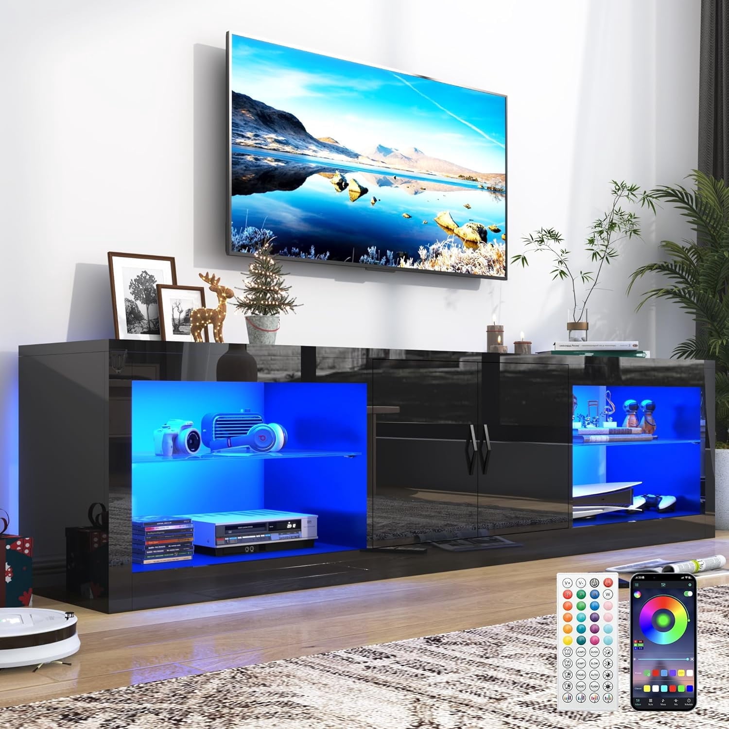 ChVans Black Led TV Stand for TV up to 85", Entertainment Center with ...