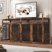 ChVans 87" Large Farmhouse Dog Crate TV Stand,Wooden Dog Crate Furniture with 4 Lockable Doors/Solid Metal Tube,XL-XXL Heavty Duty Dog Crates Furniture for 2 Me