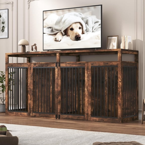 ChVans 87" Large Farmhouse Dog Crate TV Stand,Wooden Dog Crate Furniture with 4 Lockable Doors/Solid Metal Tube,XL-XXL Heavty Duty Dog Crates Furniture for 2 Medium or Large Dogs,Rustic Brown