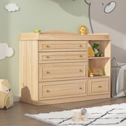 ChVans Changing Table Dresser, Baby Classic Nursery Dresser with 5 Drawers and 2 Shelves, Wood Chest of Drawers Nursery