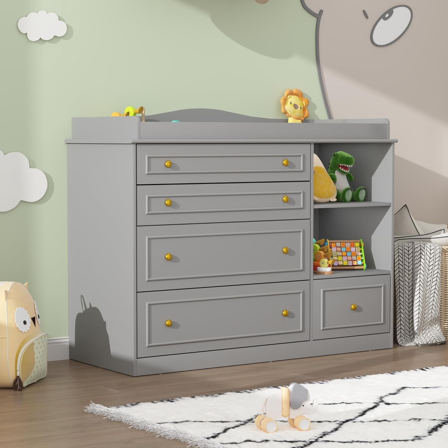 ChVans Changing Table Dresser, Baby Classic Nursery Dresser with 5 Drawers and 2 Shelves, Wood Chest of Drawers Nursery Storage Kids Organizer