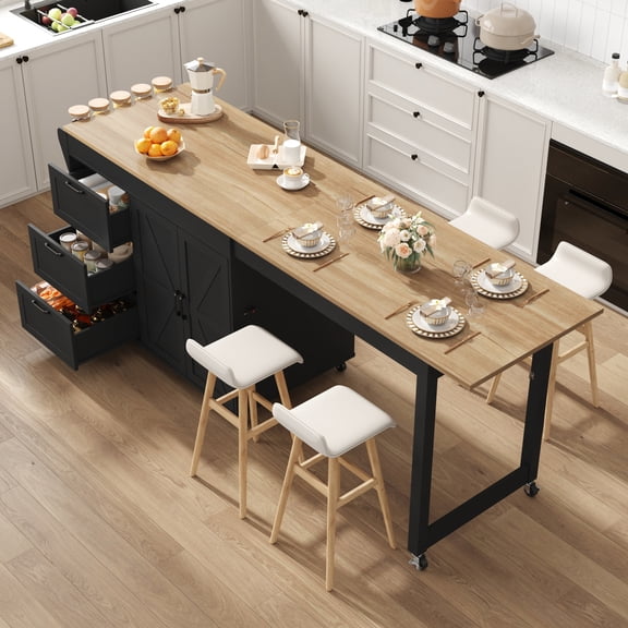 ChVans Extendable Rolling Kitchen Island Cart 47.1" to 89.6", Farmhouse Mobile Kitchen Island with Storage, 3 Drawers, Barn Doors & Side Spice Rack, Wheeled Kitchen Prep Table for Dining Room