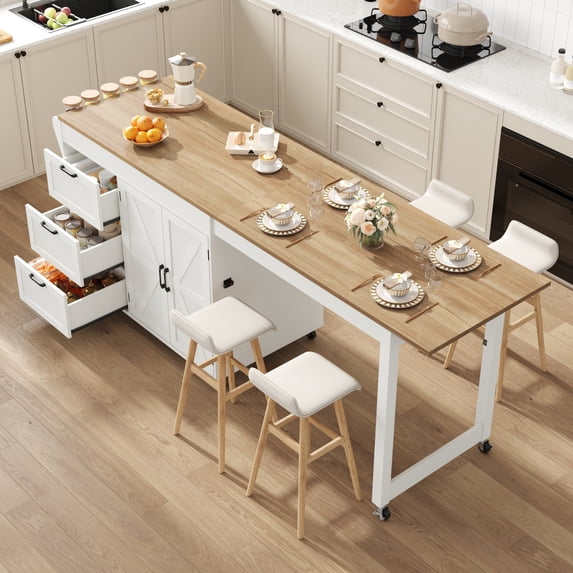 ChVans Extendable Rolling Kitchen Island Cart 47.1" to 89.6", Farmhouse Mobile Kitchen Island with Storage, 3 Drawers, Barn Doors & Side Spice Rack, Wheeled Kitchen Prep Table for Dining Room