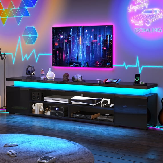 ChVans Extra Long TV Stand for up 100" 110" TVs with Charging Station, LED Entertainment Center Media Console Gaming Soundbar Shelf with 2 Storage Cabinets, 94.5"
