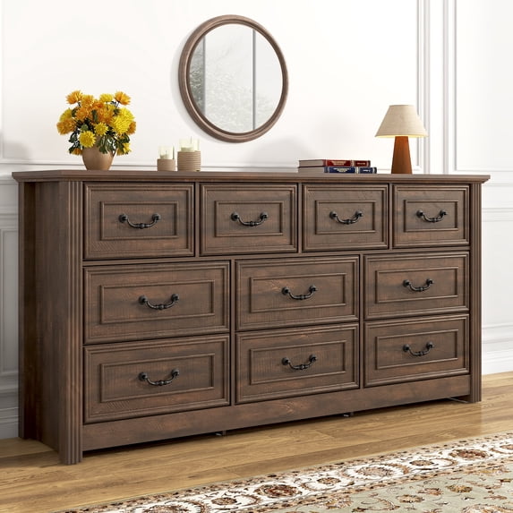 ChVans Farmhouse 10 Drawers Dresser for Bedroom, 63'' Wide Wood Rustic Chest of Drawers with Natural Texture, Vintage Design, Large Storage Dressers Organizer for Living Room, Hallway