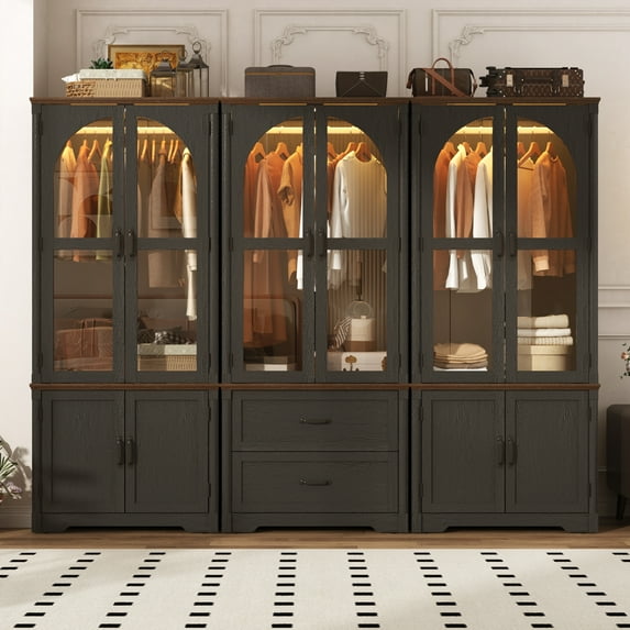 ChVans Farmhouse 6 Glass Doors Armoire Wardrobe Closet with LED Sensor Light, 72" Arched Clothing Storage Cabinet for Bedroom with Drawers & Hanging Rod & Small Cabinet