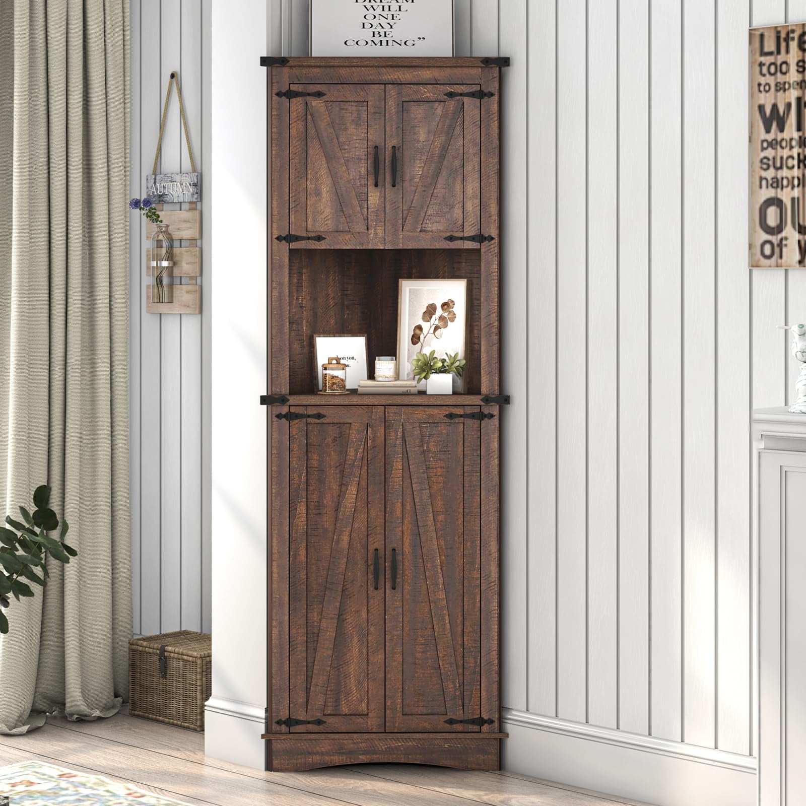 ChVans Farmhouse 68" Tall Corner Cabinet w/4 Barn Doors, 5 Tier Bookcase Storage Cabinet with Adjustable Shelves, Corner Storage Cabinet for Bathroom,Living Room,Kitchen, Brown