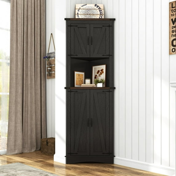 ChVans Farmhouse 68" Tall Corner Cabinet w/4 Barn Doors, 5 Tier Bookcase Storage Cabinet with Adjustable Shelves, Corner Storage Cabinet for Bathroom,Living Room,Kitchen, Black
