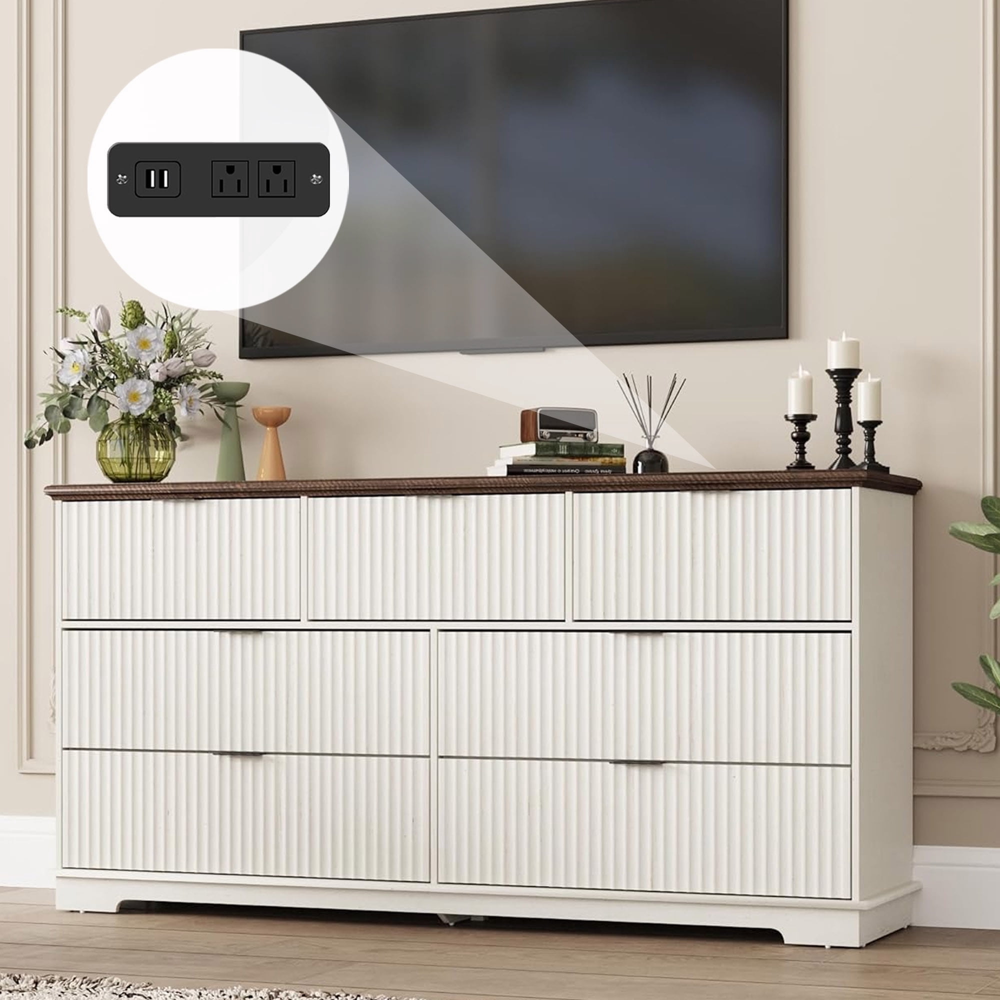 Power Socket Drawer ChVans Fluted 7 Drawer Dressers with Power Outlet for Bedroom, 63