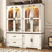 ChVans Farmhouse Armoire Closet for Bedroom with 4 Glass Doors & LED Sensor Light, 72"H Arch Design Wardrobe with Hanging Rods and Drawers