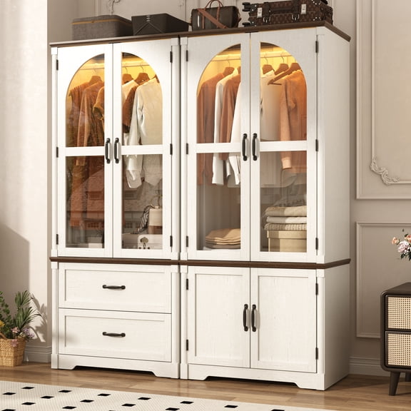 ChVans Farmhouse Armoire Closet for Bedroom with 4 Glass Doors & LED Sensor Light, 72"H Arch Design Wardrobe with Hanging Rods and Drawers