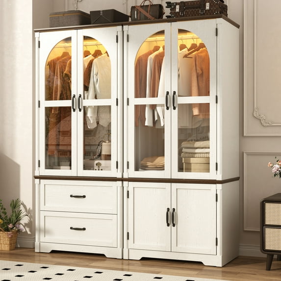 ChVans Farmhouse Armoire Closet for Bedroom with 4 Glass Doors & LED Sensor Light, 72"H Arch Design Wardrobe with Hanging Rods and Drawers