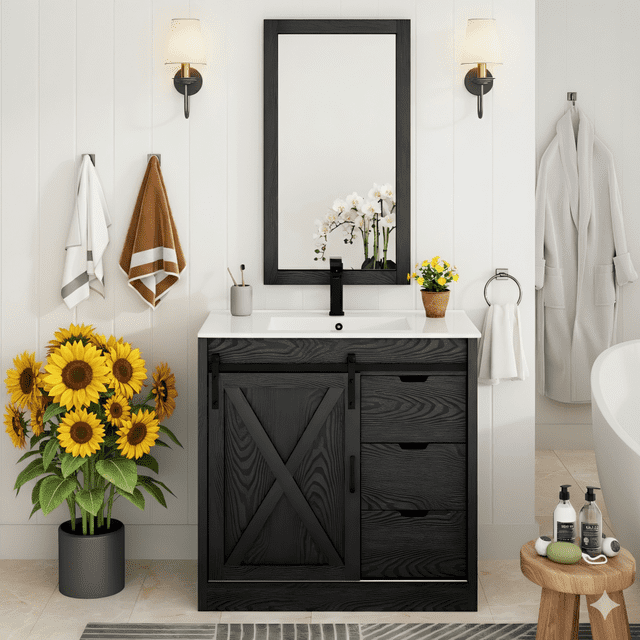 ChVans Farmhouse Bathroom Vanity with Sink & Faucet & Mirror, 36" Large Bathroom Vanity Cabinet Set with 3 Drawers and Sliding Barn Door, Freestanding Single Bath Storage Vanity Ceramic Sink