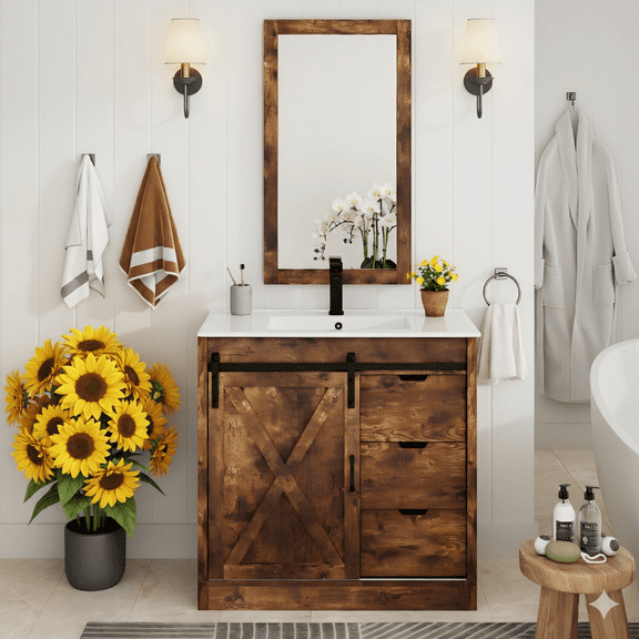 ChVans Farmhouse Bathroom Vanity with Sink & Faucet & Mirror, 36" Large Bathroom Vanity Cabinet Set with 3 Drawers and Sliding Barn Door, Freestanding Single Bath Storage Vanity Ceramic Sink