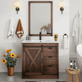 thumbnail image 1 of ChVans Farmhouse Bathroom Vanity with Sink & Faucet & Mirror, 36" Large Bathroom Vanity Cabinet Set with 3 Drawers and Sliding Barn Door, Freestanding Single Bath Storage Vanity Ceramic Sink,Brown, 1 of 8