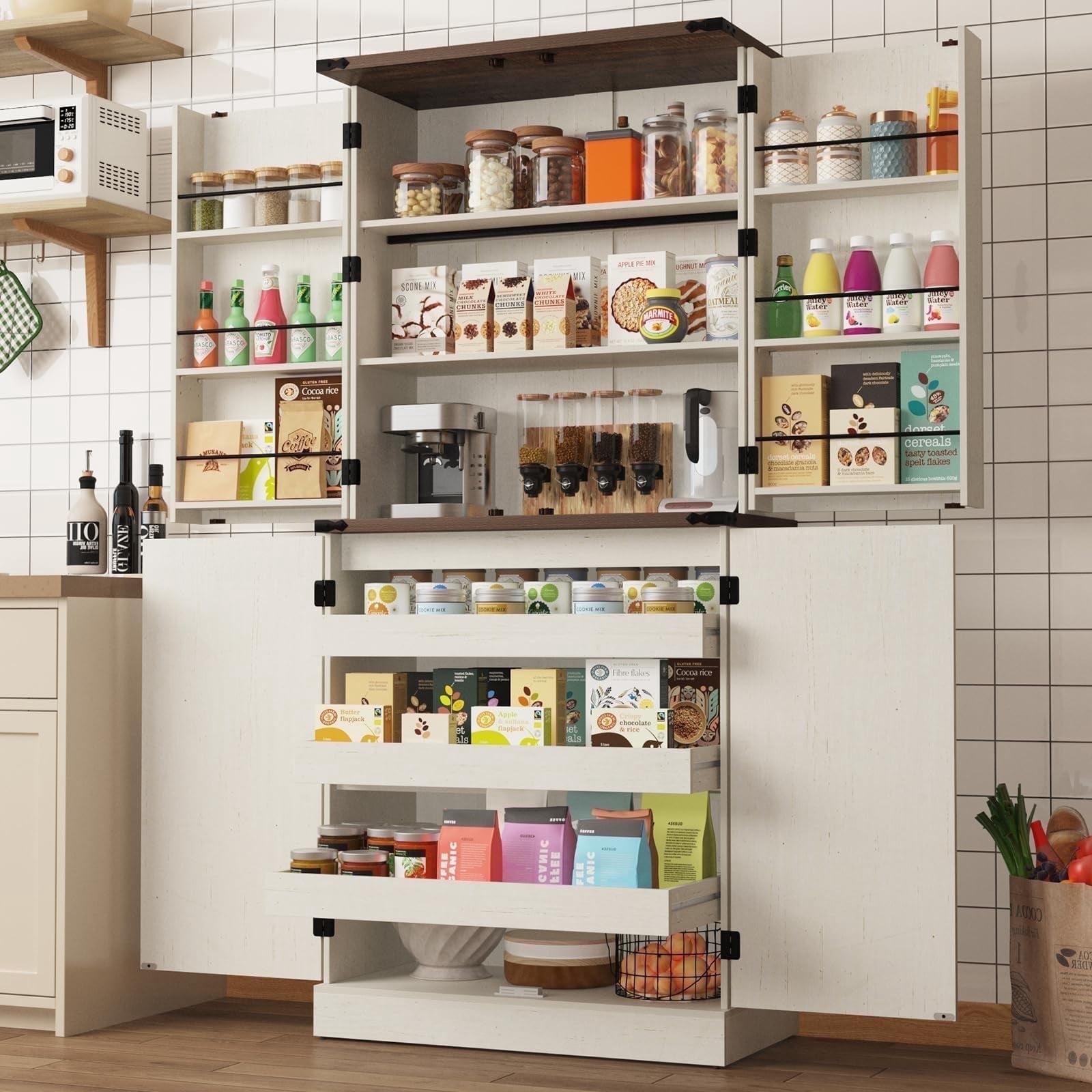 ChVans Farmhouse 71" Tall Kitchen Pantry with 6 Hanging Shelves, 4 Barn Doors Pantry Storage Cabinet with 3 Drawers & Load-Bearing Steel Pipe for Kitchen, Dining Room, Living Room, Rustic White