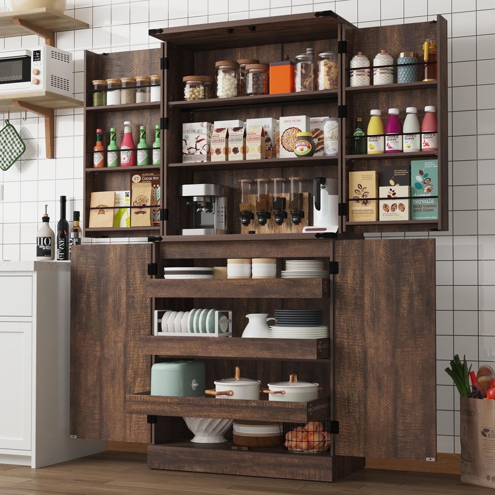 ChVans Farmhouse 71" Tall Kitchen Pantry with 6 Hanging Shelves, 4 Barn Doors Pantry Storage Cabinet with 3 Drawers & Load-Bearing Steel Pipe for Kitchen, Dining Room, Living Room, Rustic Brown
