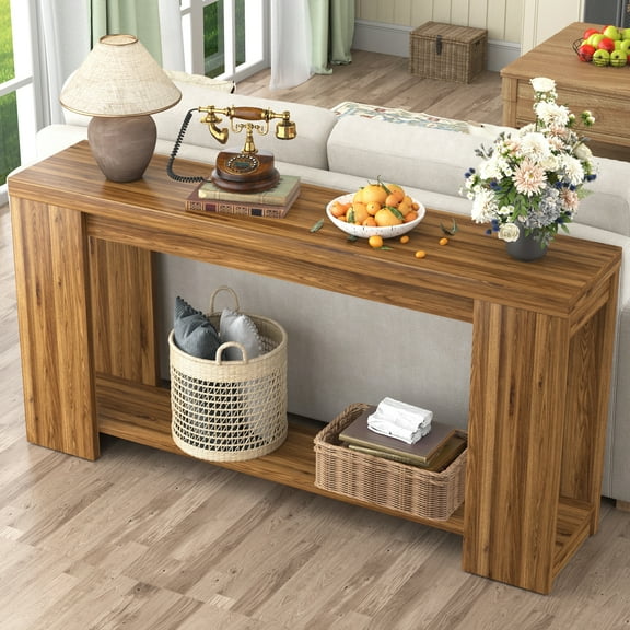 ChVans 62" Long Console Tables for Entryway, 2-Tier Wooden Narrow Walnut Sofa Table Behind Couch, Farmhouse Entryway Table for Entrance, Hallway, Living Room