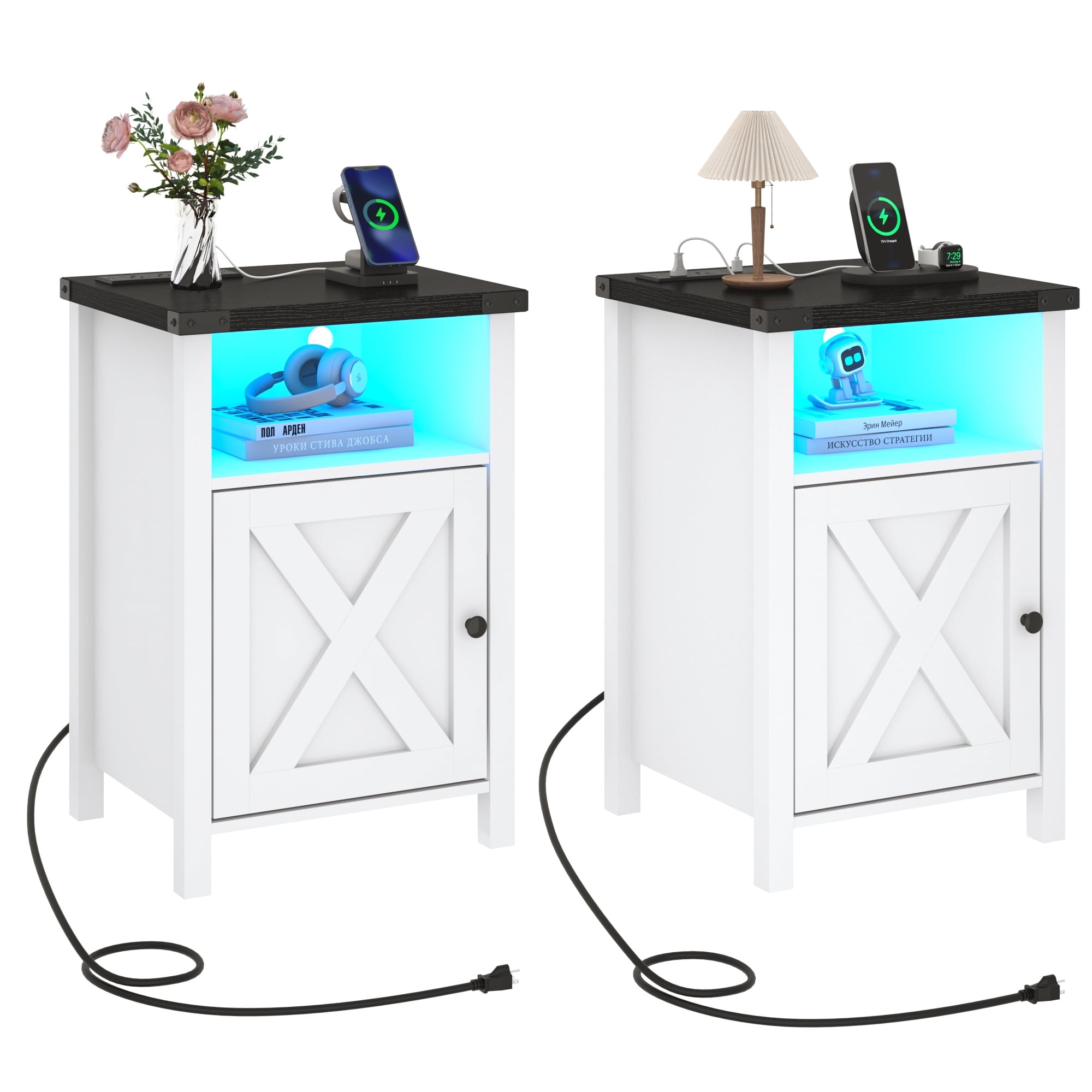 ChVans Farmhouse Set of 2 Nightstand with LED Lights & Charging Station for Bedroom, Rustic End Table with Barn Door & Storage Shelf for Living Room, Black&White