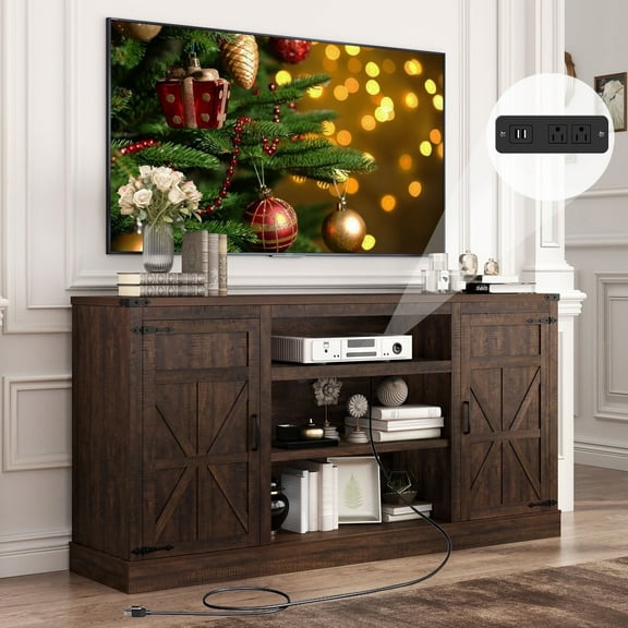 ChVans Farmhouse TV Stand for 65" 70" up 75" TVs with Power Outlet, 33" Tall TV Stand Entertainment Center with Storage, Brown TV Consoles for Living room Bedroom